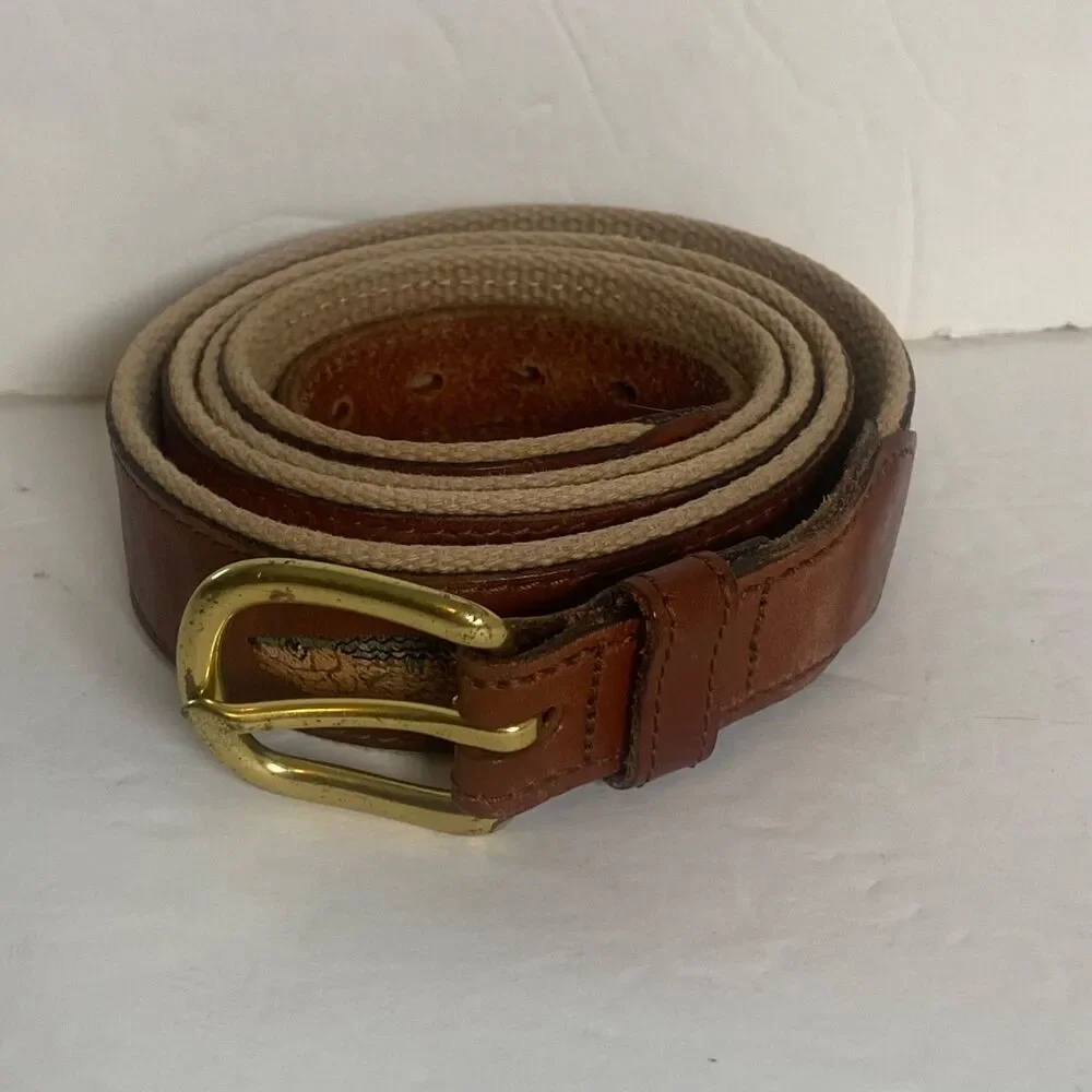Leather Man Top Grain Leather Belt Fish Embroidered Canvas Back Brass Buckle
